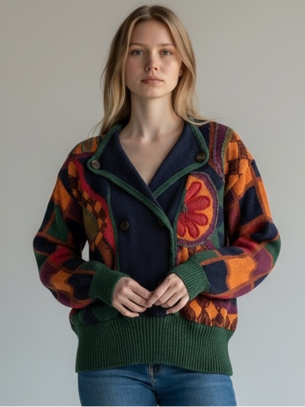 Vintage Beaded Double Breasted Chunky Knit Multicolor Cardigan
